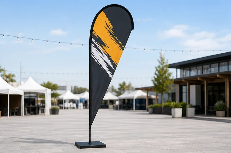 Bandera publicitaria tipo gota personalizada para eventos