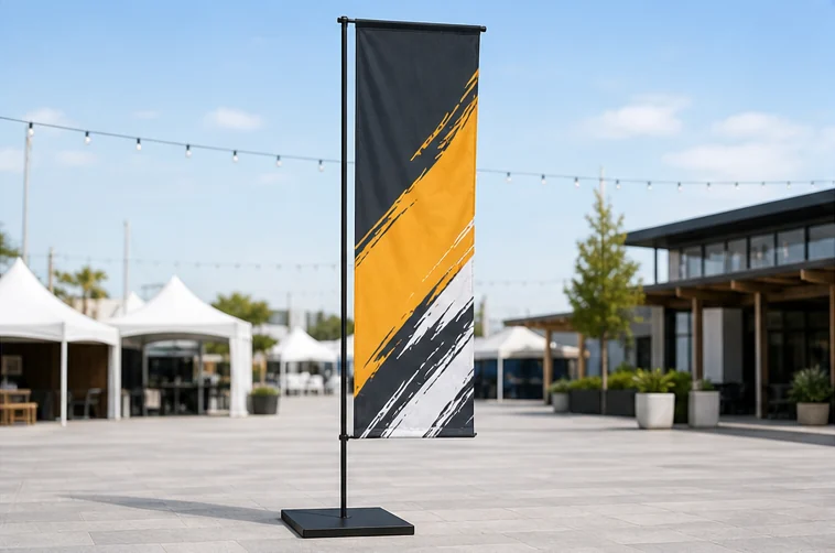 Bandera publicitaria rectangular para exteriores e interiores