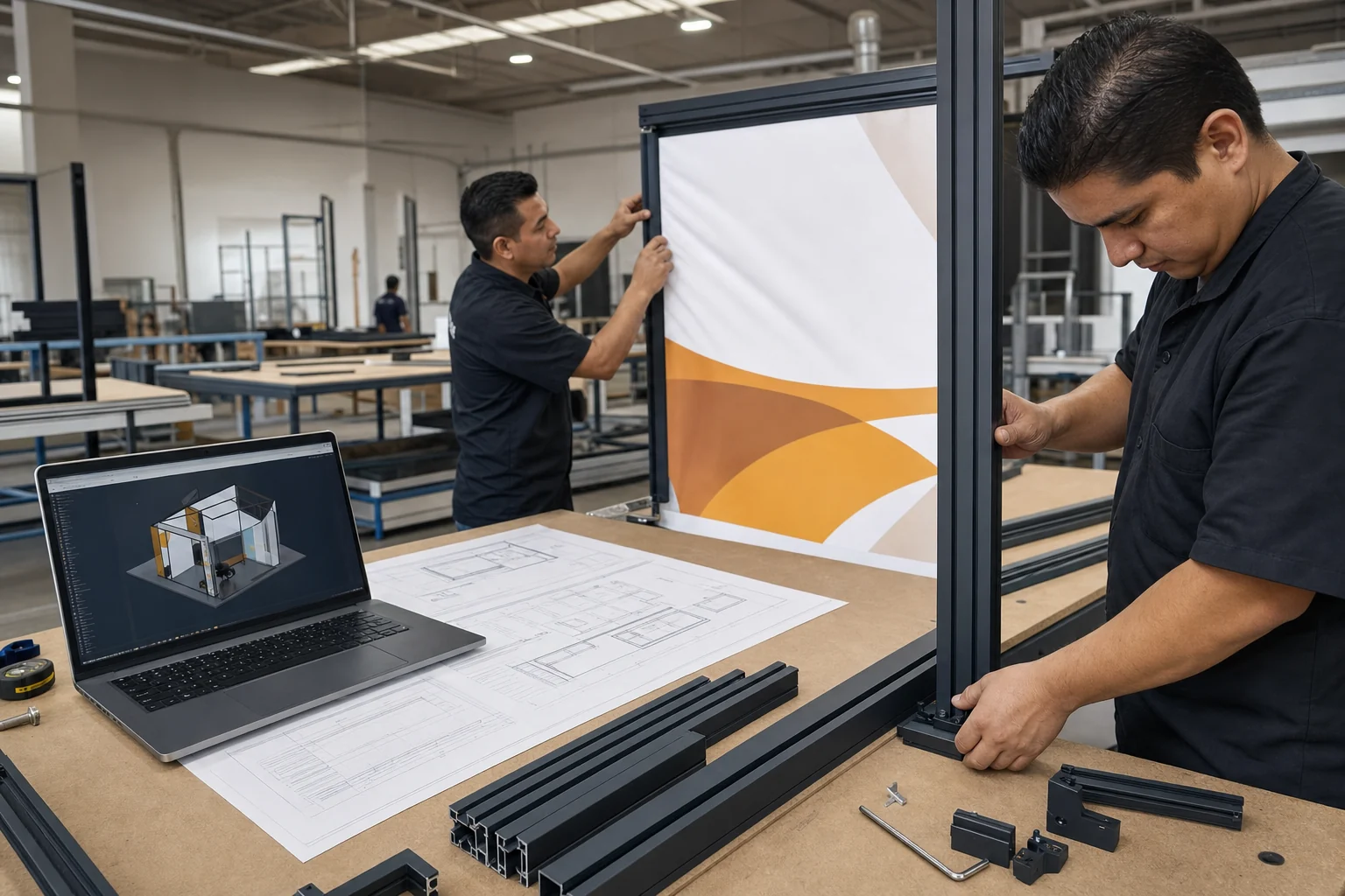 Equipo fabricando un stand modular con perfiles de aluminio y tela tensada