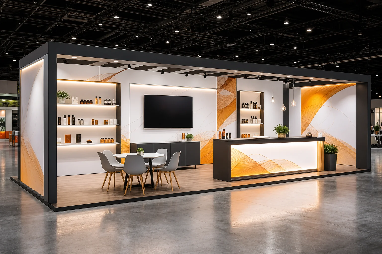 Stand lineal de 6 por 3 metros con exhibidores y área de atención