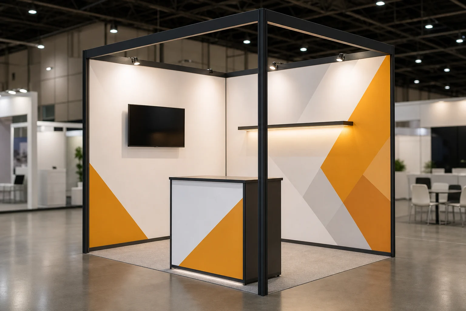 Stand modular de 3 por 3 metros con estructura de aluminio y mostrador