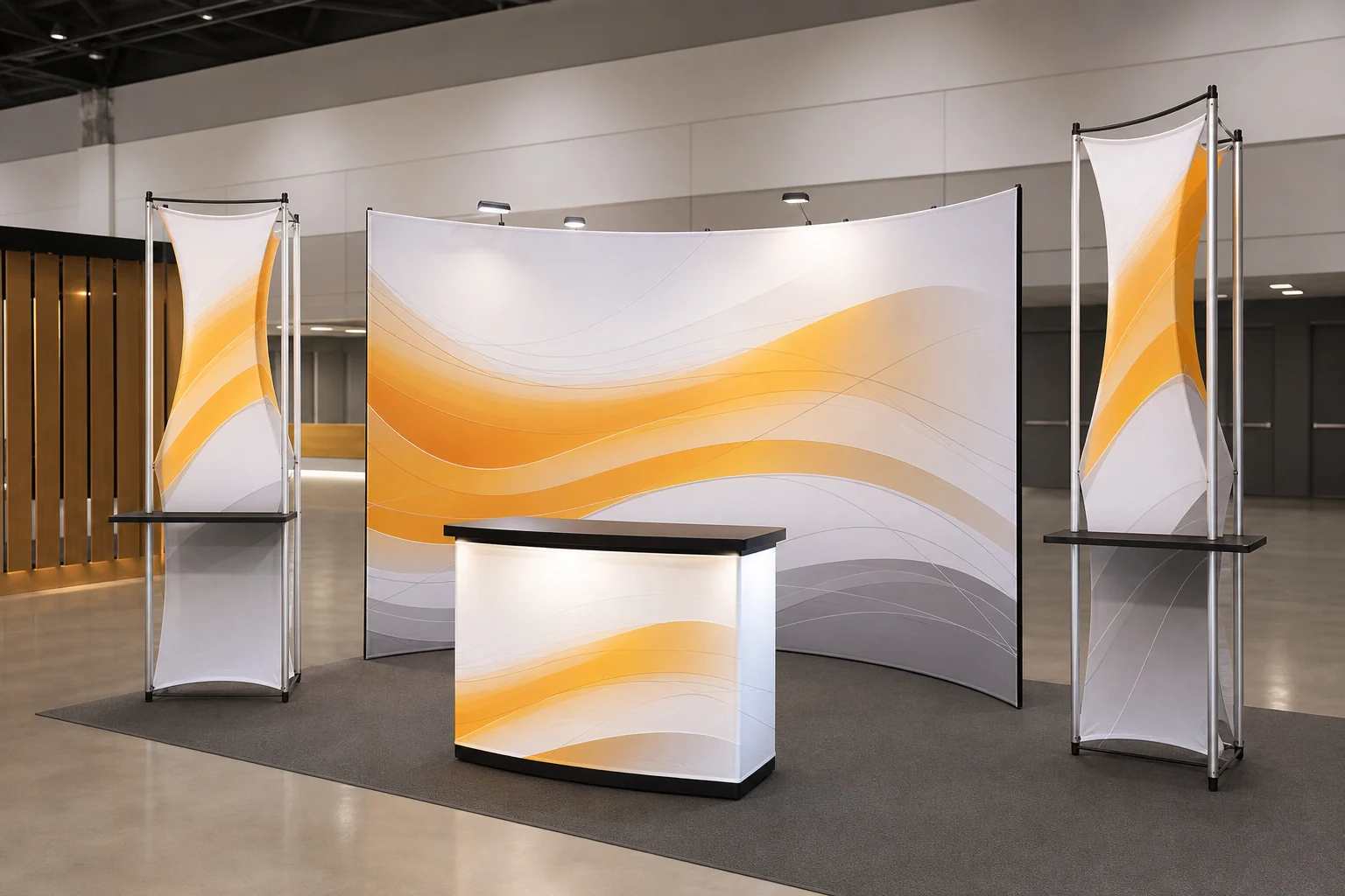 Stand portátil de tela tensada con muro curvo y mostrador